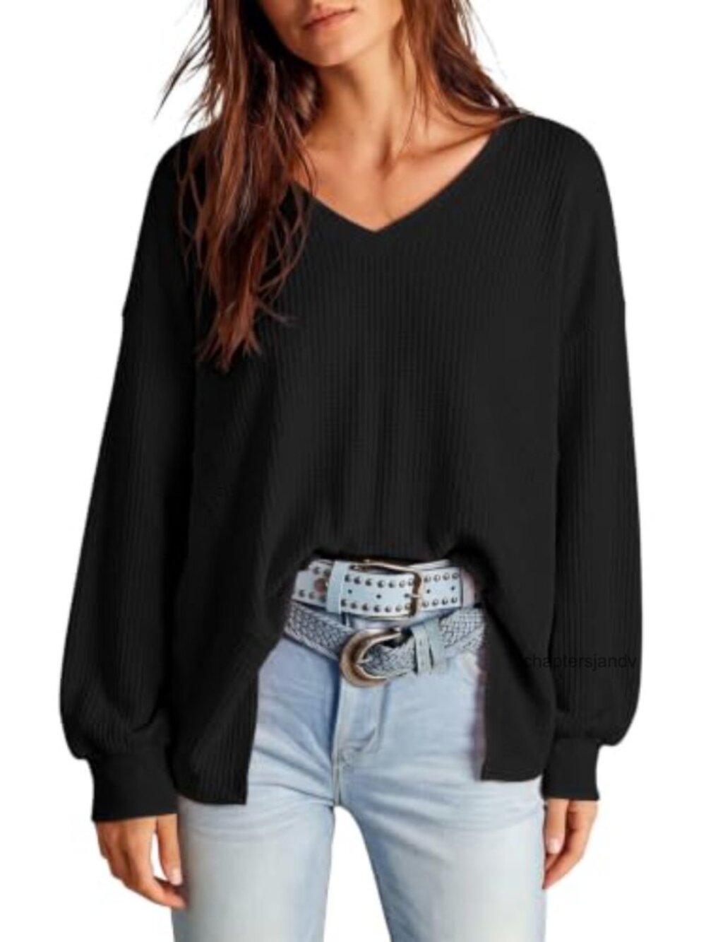 Waffle Knit V-Neck Oversized Pullover Top Long Sleeve Casual